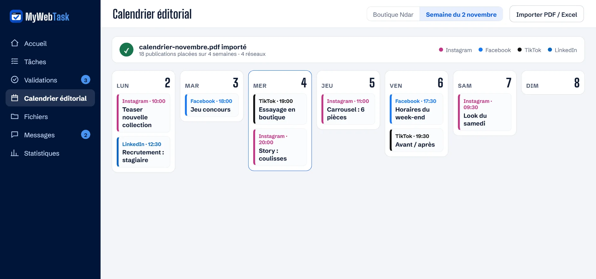 Calendrier éditorial de MyWebTask rempli depuis un PDF importé