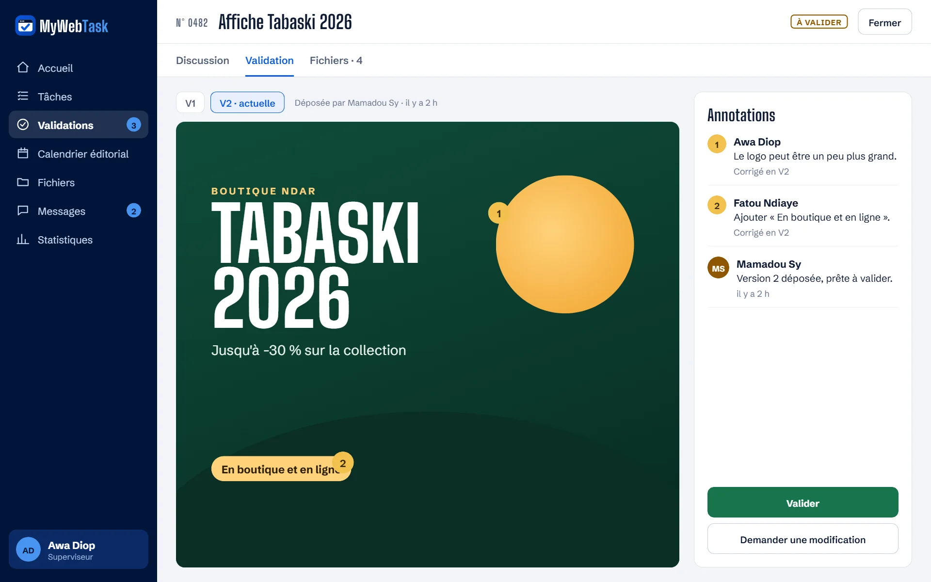 Validation d'un visuel dans MyWebTask : annotations, versions, bouton Valider